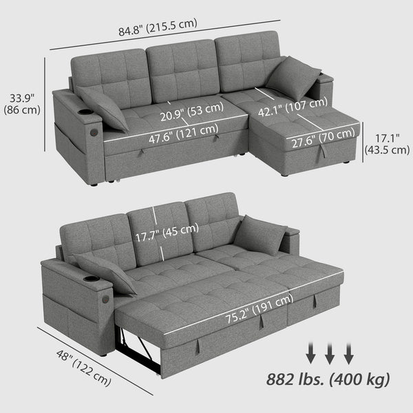 Canapé-lit sectionnel convertible avec port USB-A+C, gris
