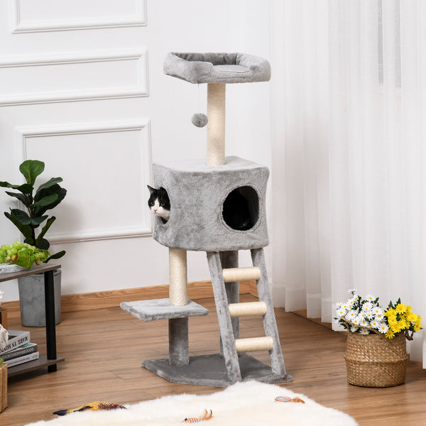 Arbre à chat de 119 cm de haut avec niche, échelle, griffoirs et boule suspendue, gris clair