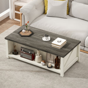 Table basse Farmhouse avec tiroir et étagère ouverte, blanc vieilli