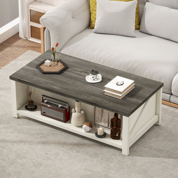 Table basse Farmhouse avec tiroir et étagère ouverte, blanc vieilli