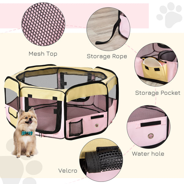 Portable playpen with pink carry bag