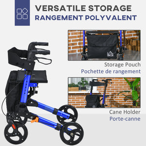 Senior walker with seat and backrest in blue