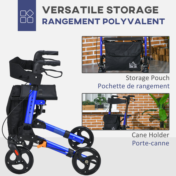 Senior walker with seat and backrest in blue