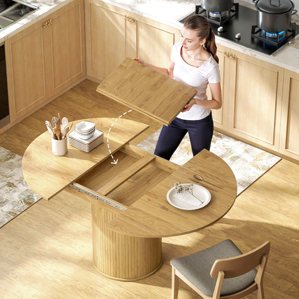 Table de cuisine extensible pour 6 à 8 personnes de style campagnard avec base sur pied, finition bois naturel