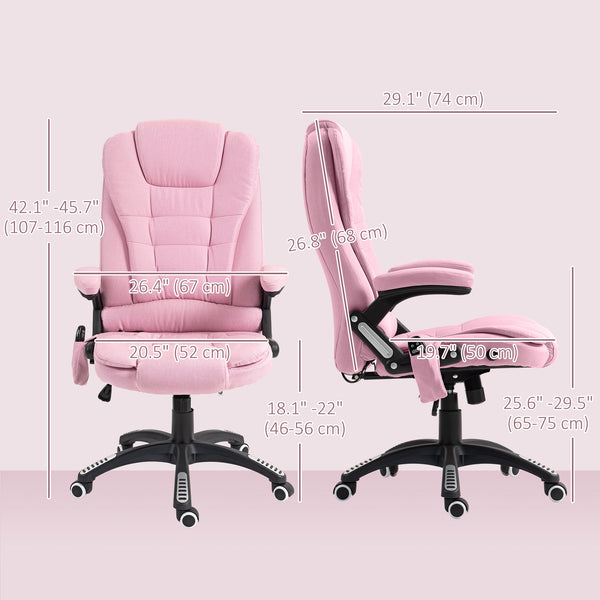 Fauteuil de bureau à 6 points de massage vibrant, dossier haut, inclinable, roulettes pivotantes, rose