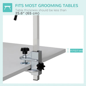 Adjustable grooming arm with clamp, hip supports, and grooming loop