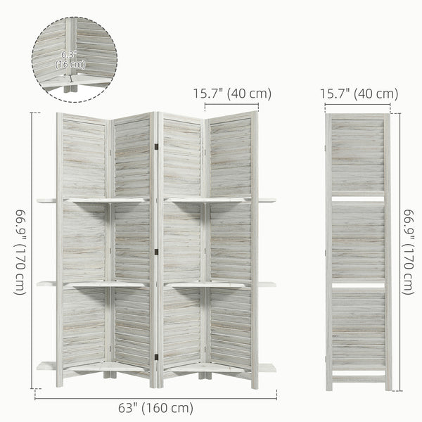 Cloison de séparation à 4 panneaux avec 3 étagères de rangement, blanc vieilli