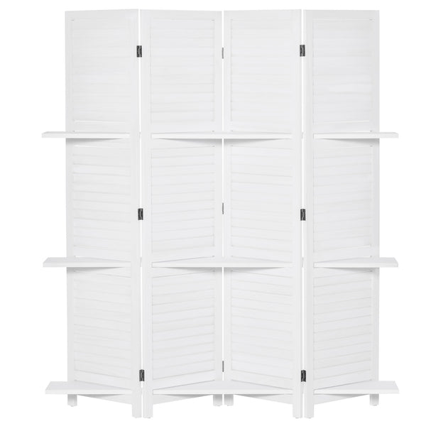 Cloison de séparation 4 panneaux avec 3 étagères de rangement, blanc