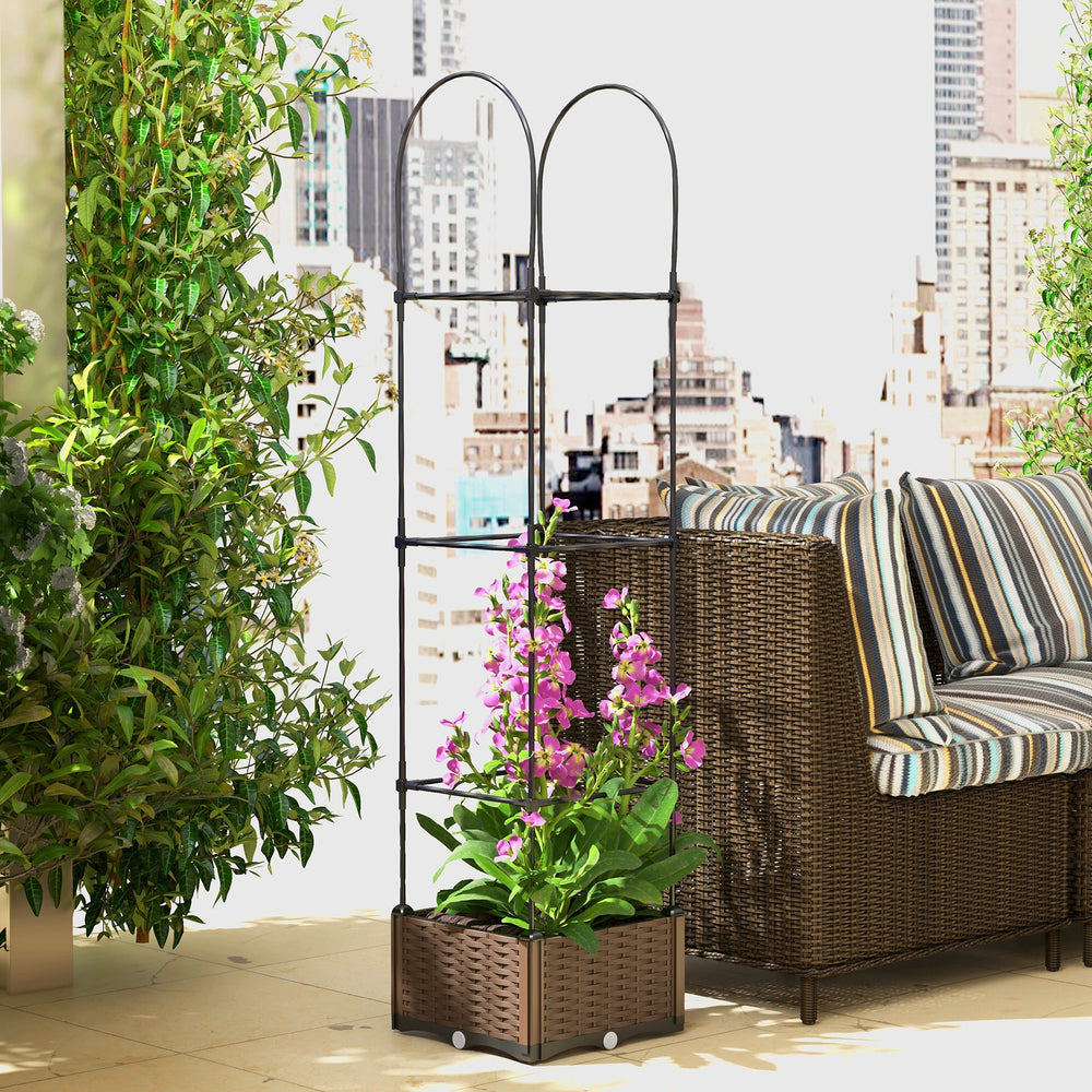 Raised planter with trellis, automatic watering disc and drainage holes