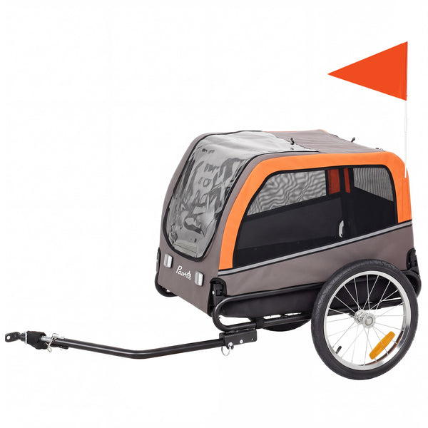 Dog bike trailer with 2 doors, large wheels and safety flag.