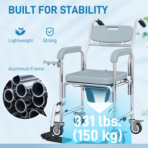 Chaise d'aisance et de douche multifonctionnelle 4-en-1 avec roulettes et repose-pieds – Gris et argent