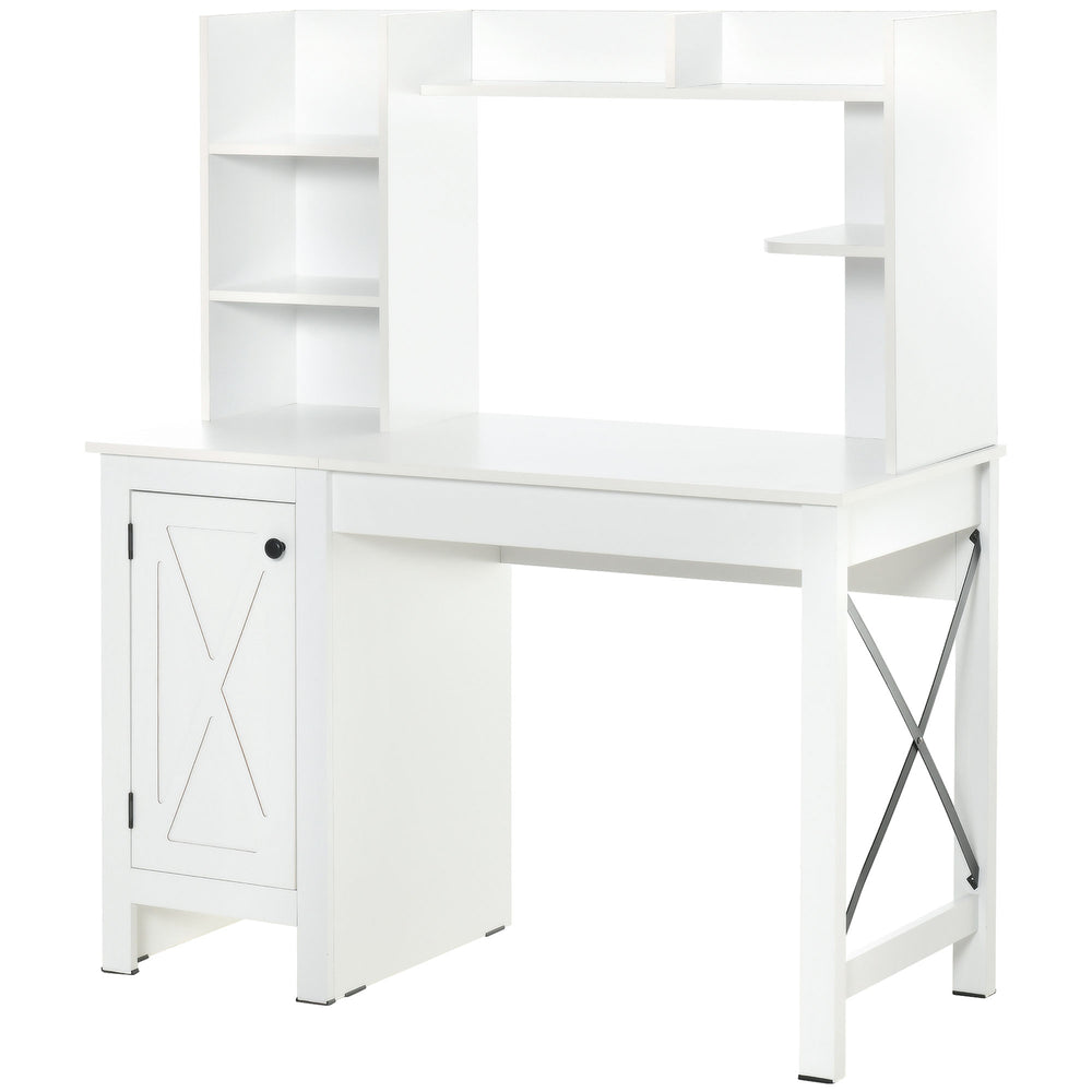 Farmhouse style computer desk with open shelves, white