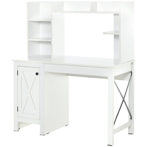 Farmhouse style computer desk with open shelves, white