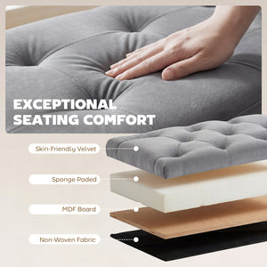 Banc ottoman avec rangement, assise capitonnée en velours et pieds dorés – Gris et doré