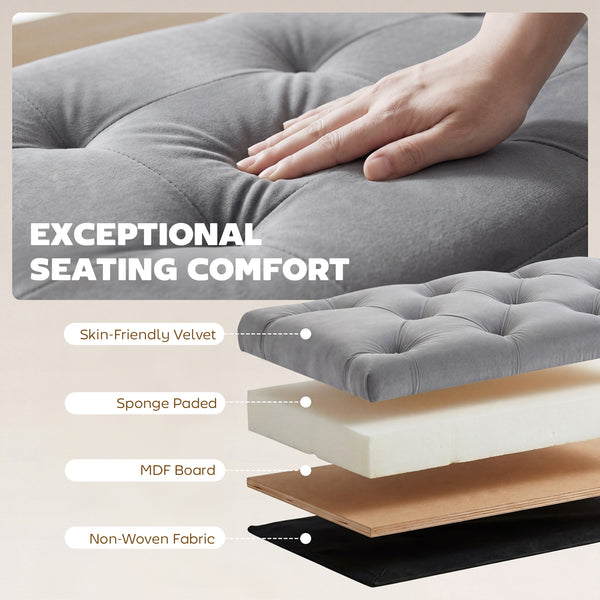 Banc ottoman avec rangement, assise capitonnée en velours et pieds dorés – Gris et doré