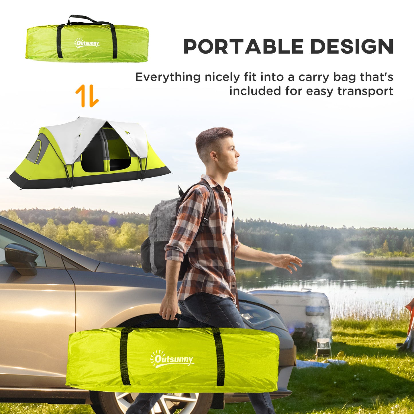 Tente de camping pour 6 à 8 personnes avec double toit imperméable de 2 000 mm et sac de transport, verte