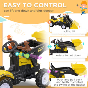 Pedal Tractor for 3 Year Old Kids, Pedal Construction Vehicle with Front Loader, Yellow