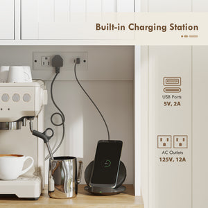 68" Storage Cabinet with Charging Station, Microwave Mount, 4 Door Shelves, White