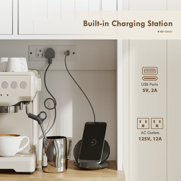 68" Storage Cabinet with Charging Station, Microwave Mount, 4 Door Shelves, White