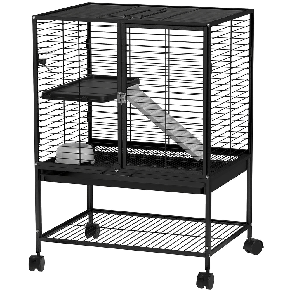 Cage roulante pour petits animaux avec plateau amovible et étagère de rangement, noire