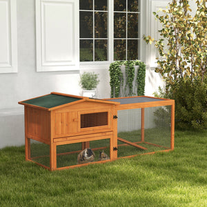 Wooden hutch with removable tray, opening roof, waterer, and run