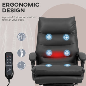 Executive office chair with 6-point massage and heating, reclining microfiber upholstery with footrest, black