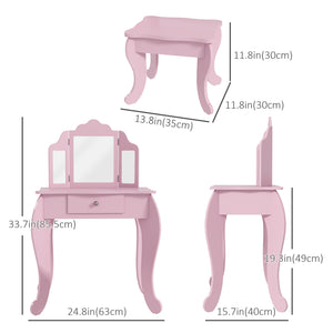 Ensemble de coiffeuse avec miroirs pliables, tiroir à motifs étoiles et cœurs, rose