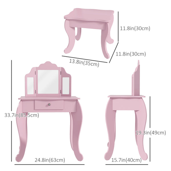 Ensemble de coiffeuse avec miroirs pliables, tiroir à motifs étoiles et cœurs, rose