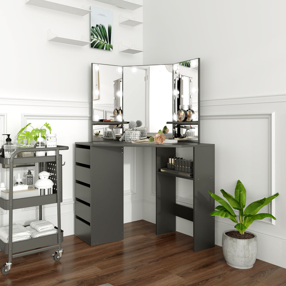 Coiffeuse avec miroir à 3 panneaux et 10 lumières LED, noire