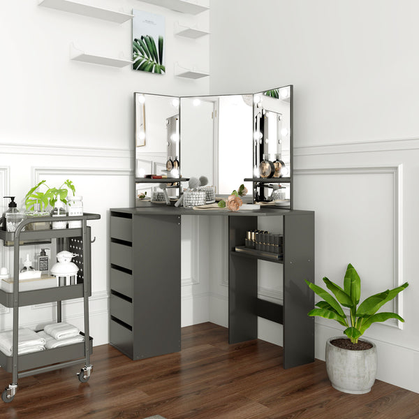 Coiffeuse avec miroir à 3 panneaux et 10 lumières LED, noire
