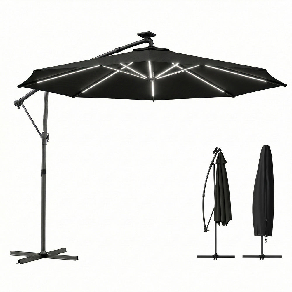 3m Cantilever Parasol with Solar Lighting, 360° Rotation, Tilt and Protective Cover, Black