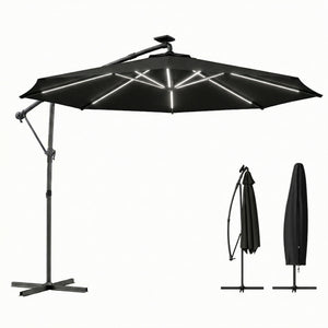 Parasol déporté de 3 m avec éclairage solaire avec rotation à 360°, inclinaison et housse de protection, noir
