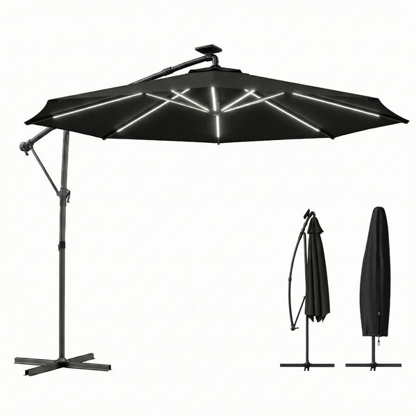 Parasol déporté de 3 m avec éclairage solaire avec rotation à 360°, inclinaison et housse de protection, noir