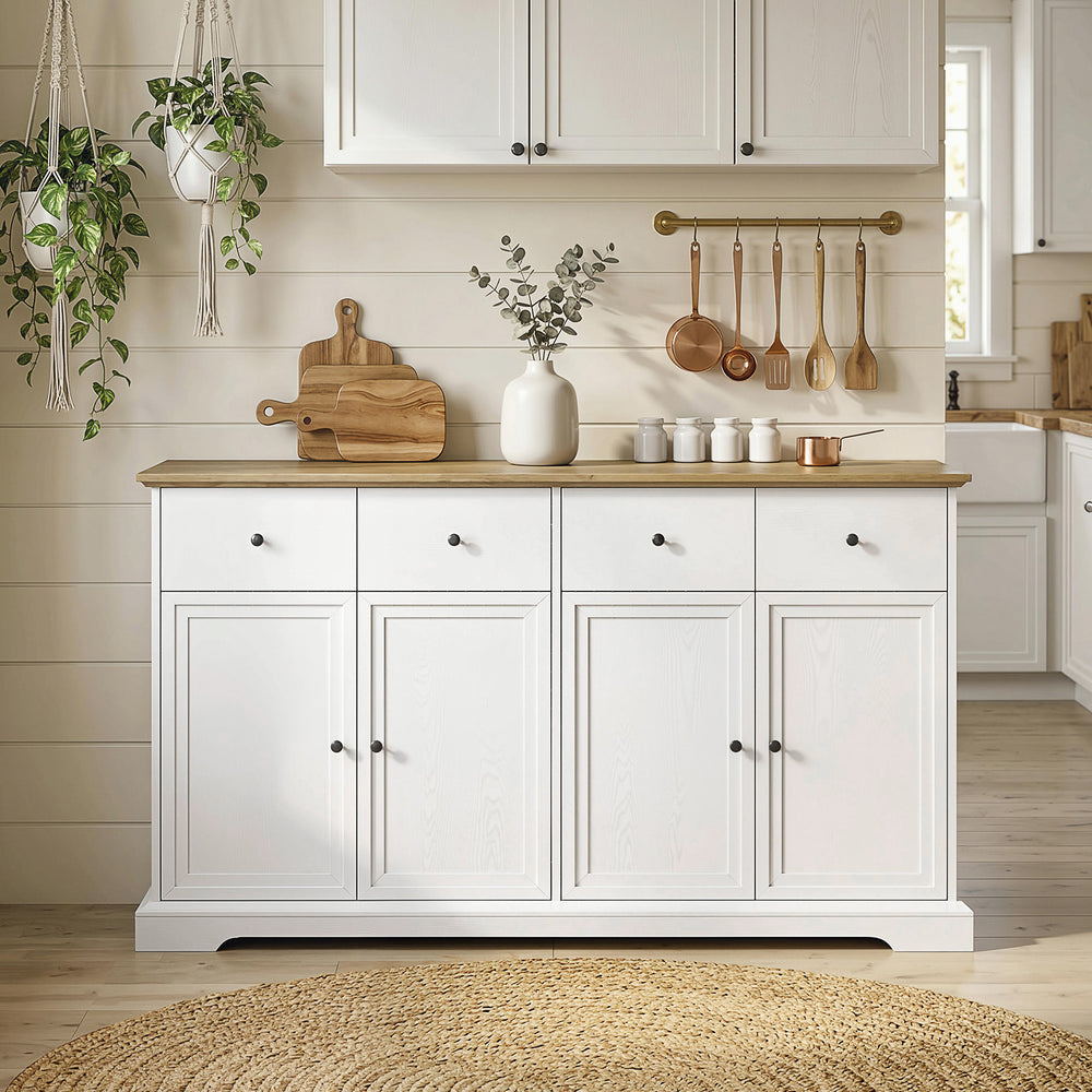 Buffet de cuisine de style campagnard de 55 pouces avec portes à fermeture douce, 2 tiroirs et 2 étagères réglables