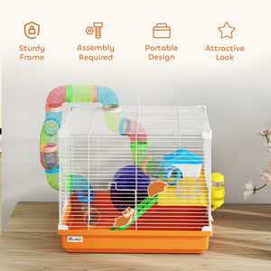 Cage à 2 niveaux avec tunnel pour petits rongeurs, orange