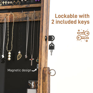 Armoire à bijoux verrouillable avec miroir pleine longueur et rangement pour bijoux, marron rustique