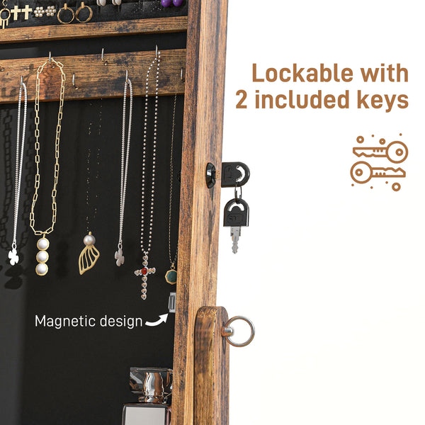 Armoire à bijoux verrouillable avec miroir pleine longueur et rangement pour bijoux, marron rustique