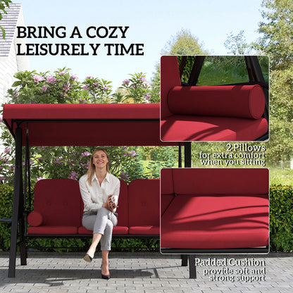 3 Person Outdoor Swing with Steel Canopy and Padded Seat, Wine Red