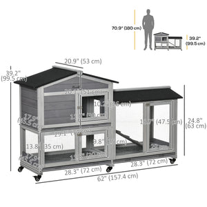 Wooden hutch with wheels, enclosure, tray and ramp, light gray