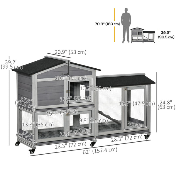 Wooden hutch with wheels, enclosure, tray and ramp, light gray
