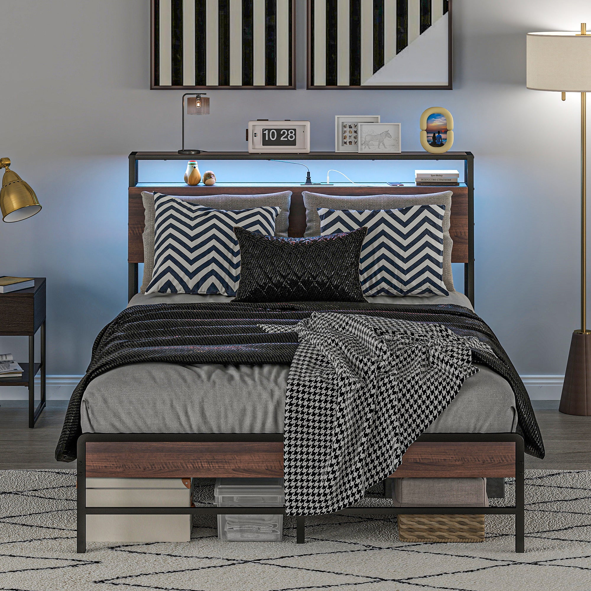 Double bed frame with LED lighting and charging station, walnut