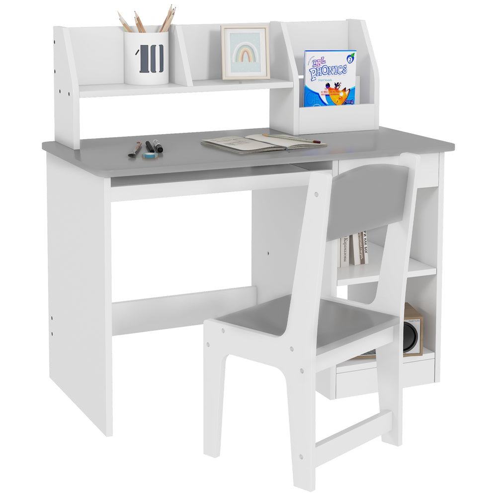 Desk and chair set for children aged 4 to 8 years with storage, gray