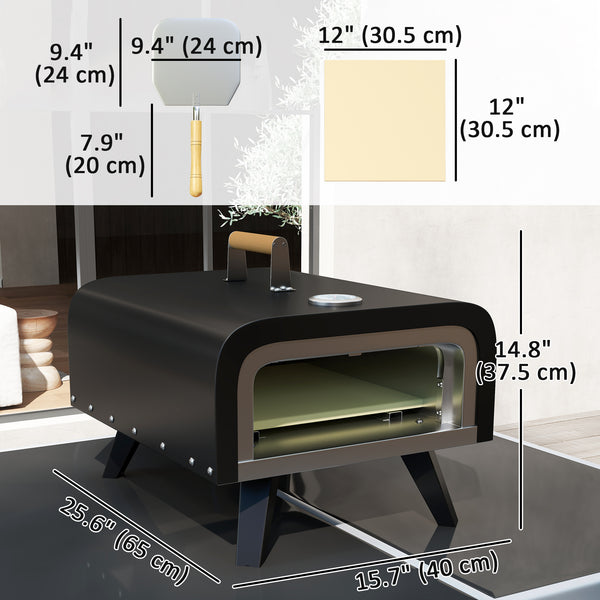 Outdoor Tabletop Gas Pizza Oven with 12" Stone and Peel, Portable Pizza Oven Maker with Thermometer, Foldable Legs, Handle, Gas Hose and Regulator, Black