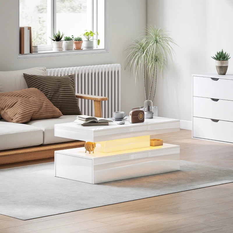 Table basse LED avec 2 tiroirs et étagère ouverte, blanc brillant