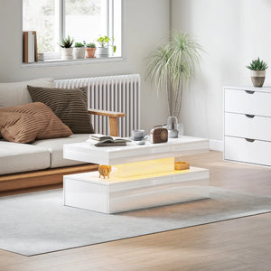 Table basse LED avec 2 tiroirs et étagère ouverte, blanc brillant