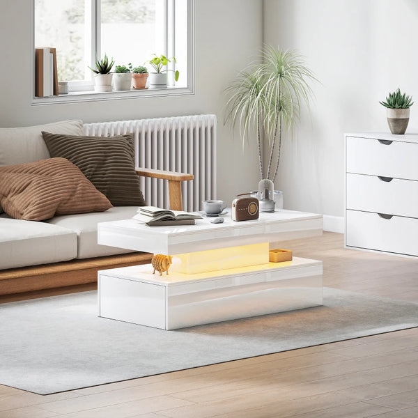 Table basse LED avec 2 tiroirs et étagère ouverte, blanc brillant