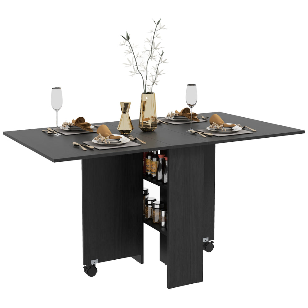 Folding Dining Table with Storage Shelves and Casters, Black