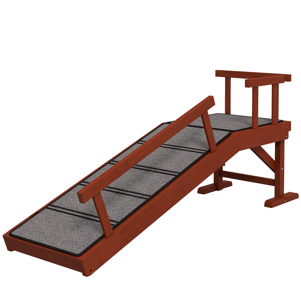 Wooden access ramp with non-slip mat and removable safety barriers