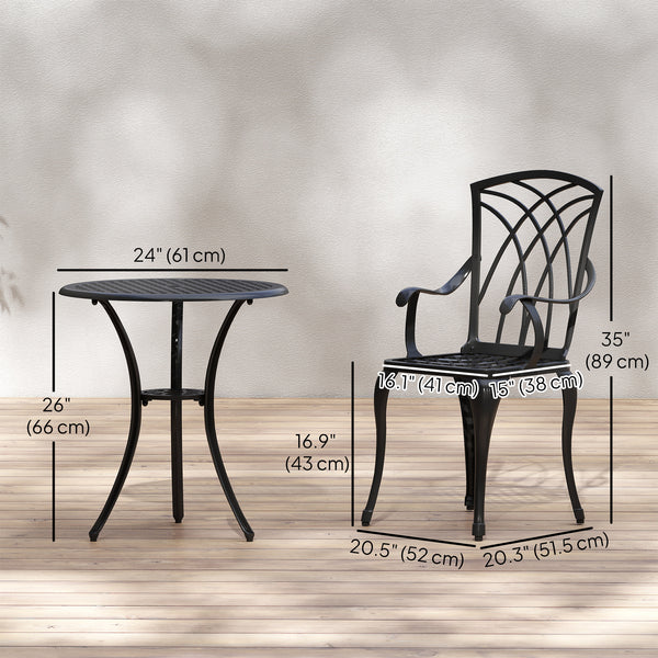 3 Pieces Patio Bistro Set, Cast Aluminum Outdoor Conversation Furniture Set, Coffee Table with Umbrella Hole, 2 Armchairs, Brown