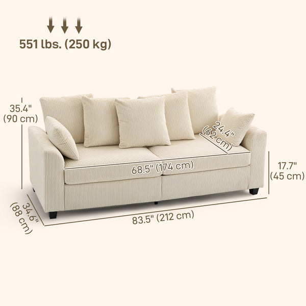 Canapé 3 places en velours côtelé avec accoudoirs incurvés et 8 coussins amovibles, beige